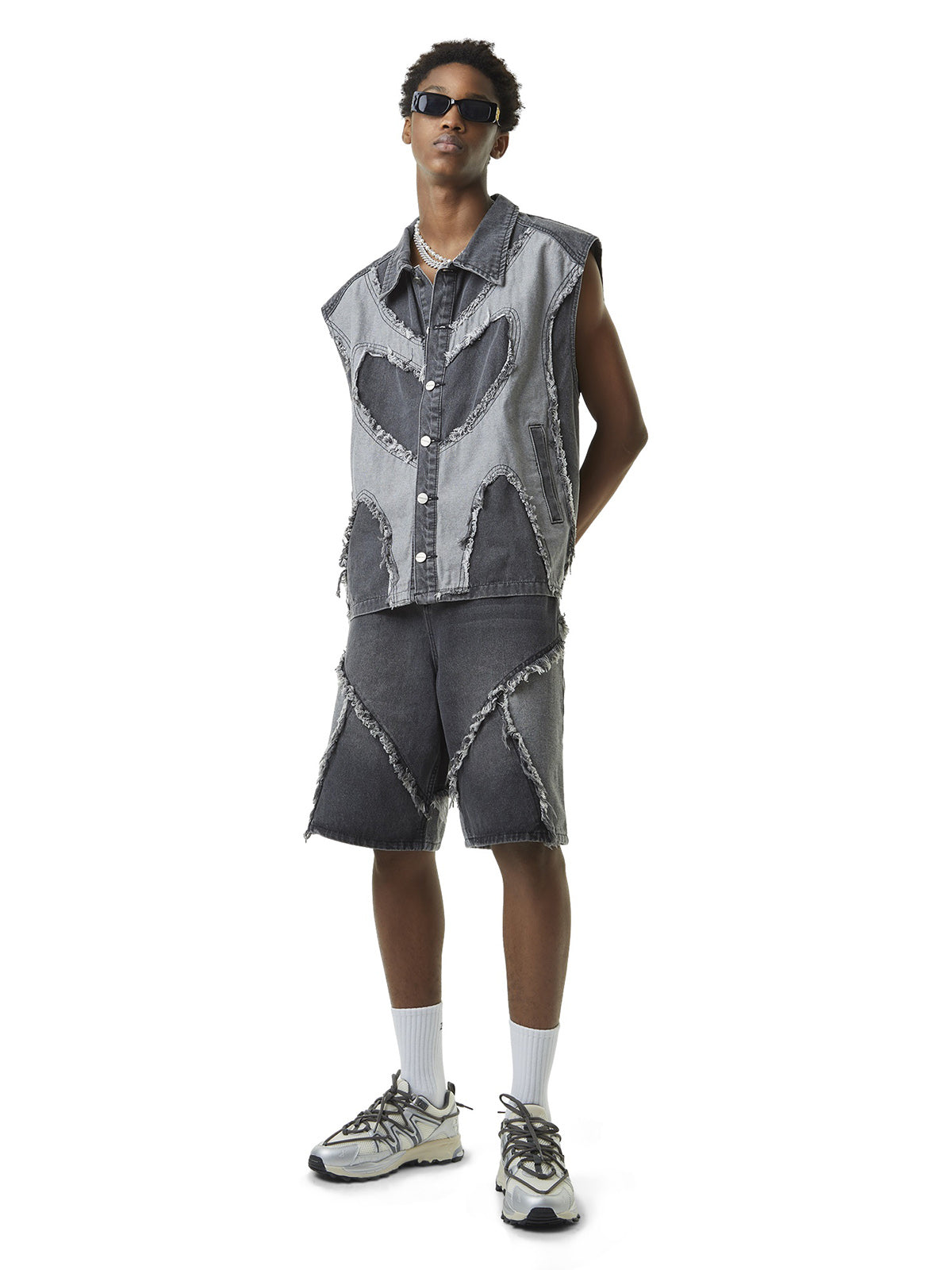 Sneakerhill Contrast Denim Heart Stitching Street Rap Vest - 2062 SP2406050Q73