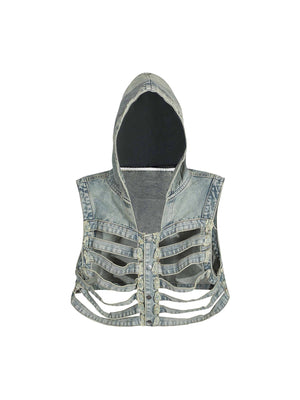 Sneakerhill Dark Skeleton Hooded Denim Vest - 1637