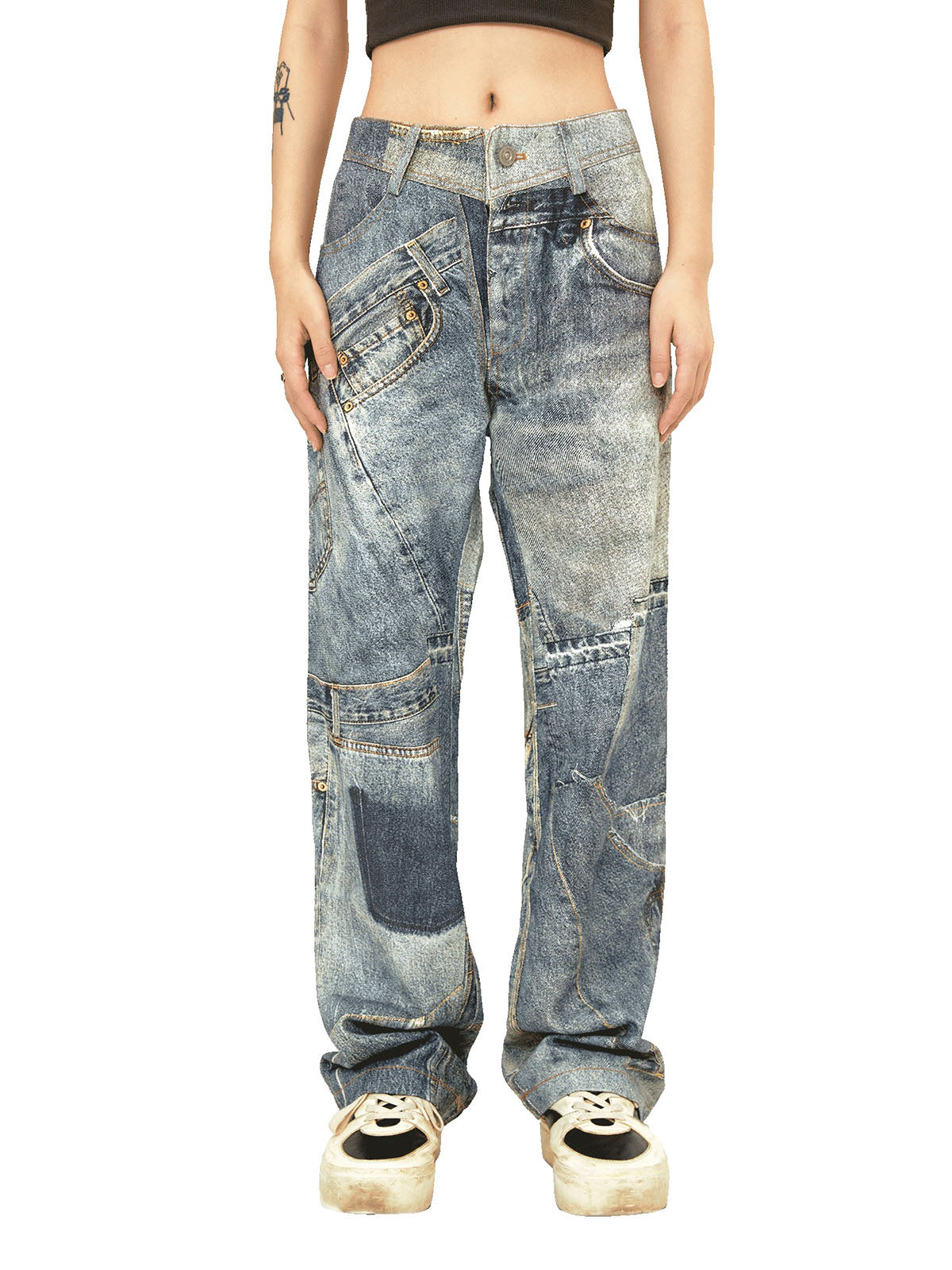 Sneakerhill Street Hip-Hop Deconstructed Print Jeans - sneakerhillcom