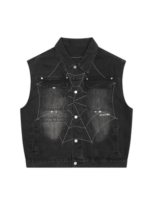 Sneakerhill Dark Spider Letter Embroidered Denim Vest Jacket - sneakerhillcom