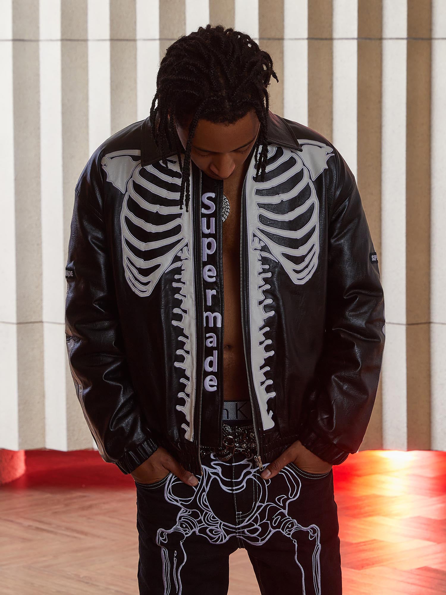 Sneakerhill Hip Hop Bones Embroidered Leather Jacket - 1833 SP231006ORFC