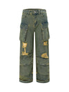 Sneakerhill Wasteland Style Washed Distressed Work Cargo Jeans - sneakerhillcom