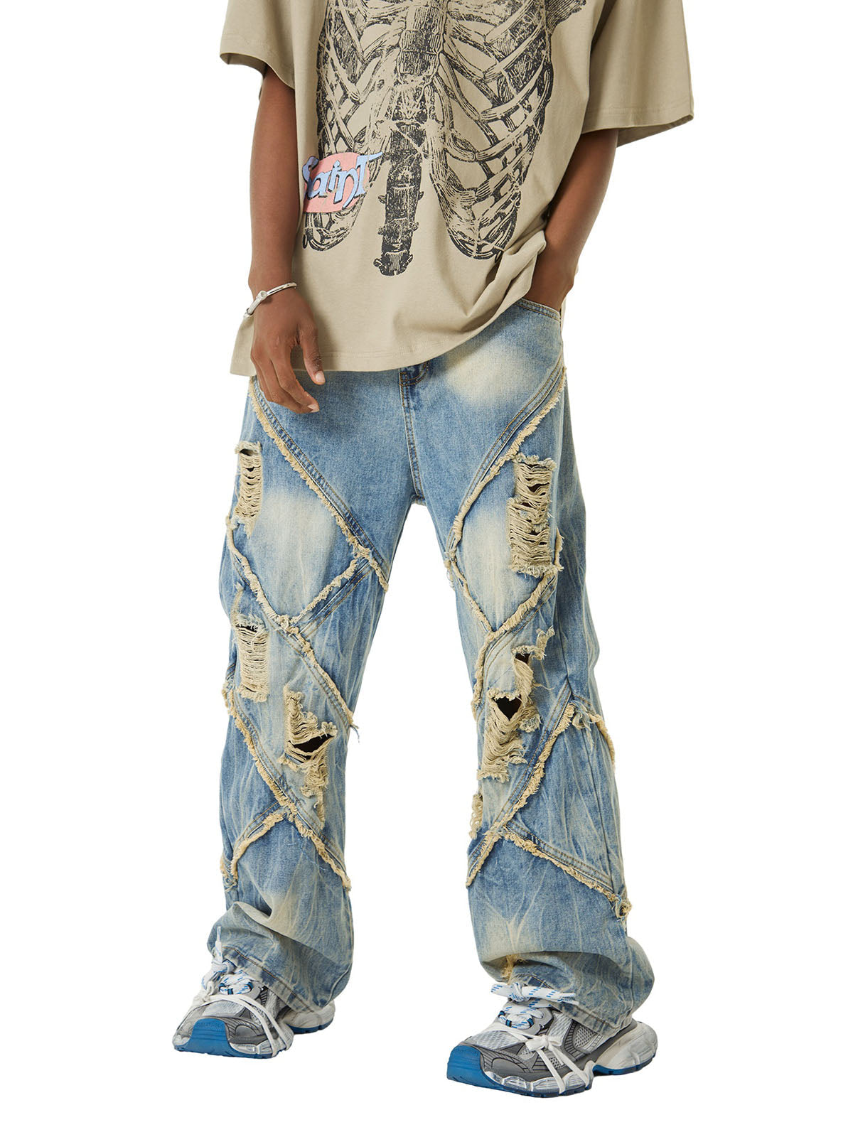 Sneakerhill Heavy Washed Ripped Plaid Stitching Hip-Hop Jeans - 2174 - sneakerhillcom