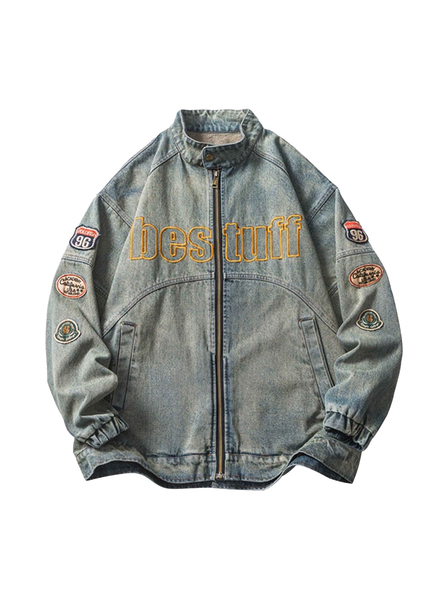 Sneakerhill Hip-hop Badge Embroidered Do-over Denim Jacket - 1911 SP230428YRLN