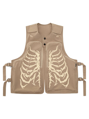 Sneakerhill Skeleton Print Padded Cargo Vest -1201