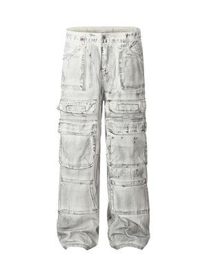 Sneakerhill Loose-fitting Multi-pocket Smudged Design Work Jeans - 2120 - sneakerhillcom