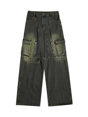 American Distressed Retro Multi-pocket Workwear Washed Jeans - sneakerhillcom