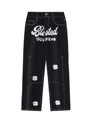 Sneakerhill Letter Lucky Clover Embroidered Baggy Jeans - 1162 SP2202090NOD