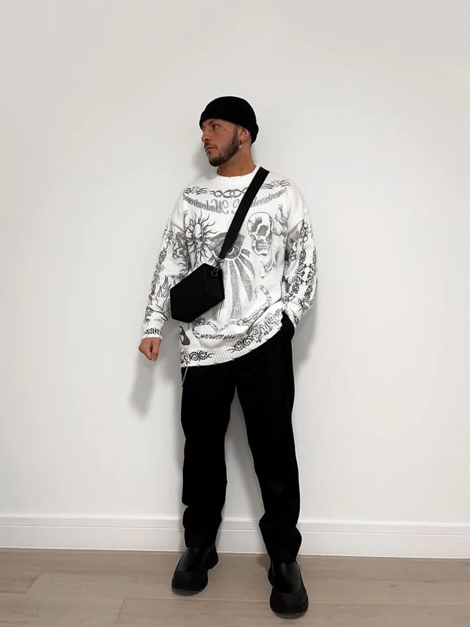 Sneakerhill Skull Print Distressed Sweater - 1002 - sneakerhillcom