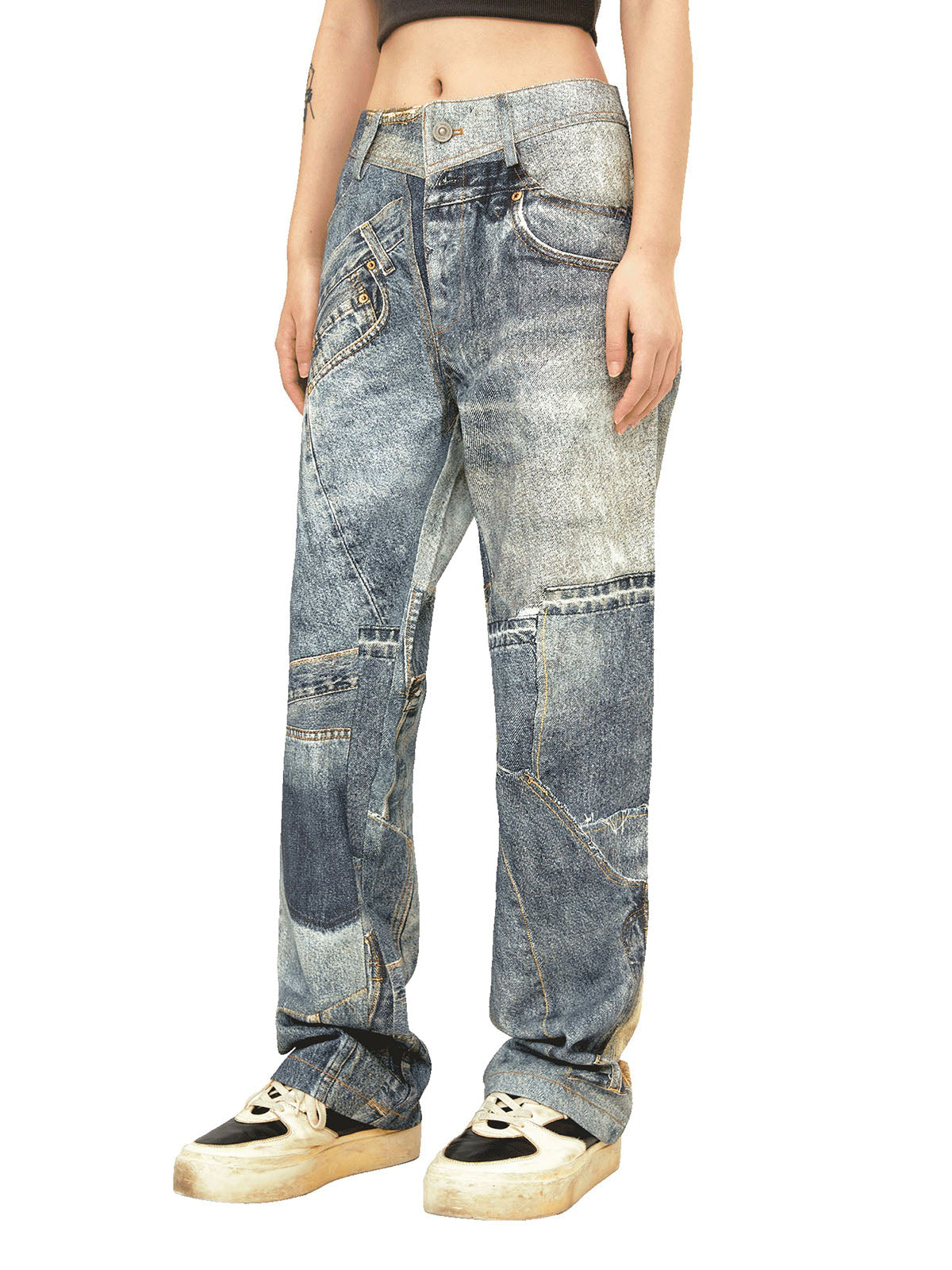 Sneakerhill Street Hip-Hop Deconstructed Print Jeans - sneakerhillcom