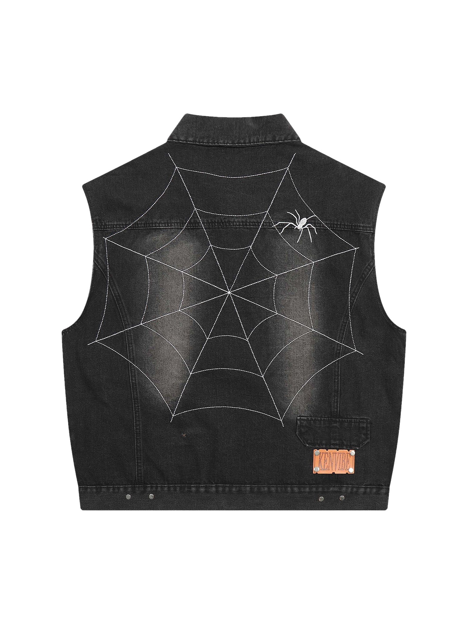 Sneakerhill Dark Spider Letter Embroidered Denim Vest Jacket - sneakerhillcom