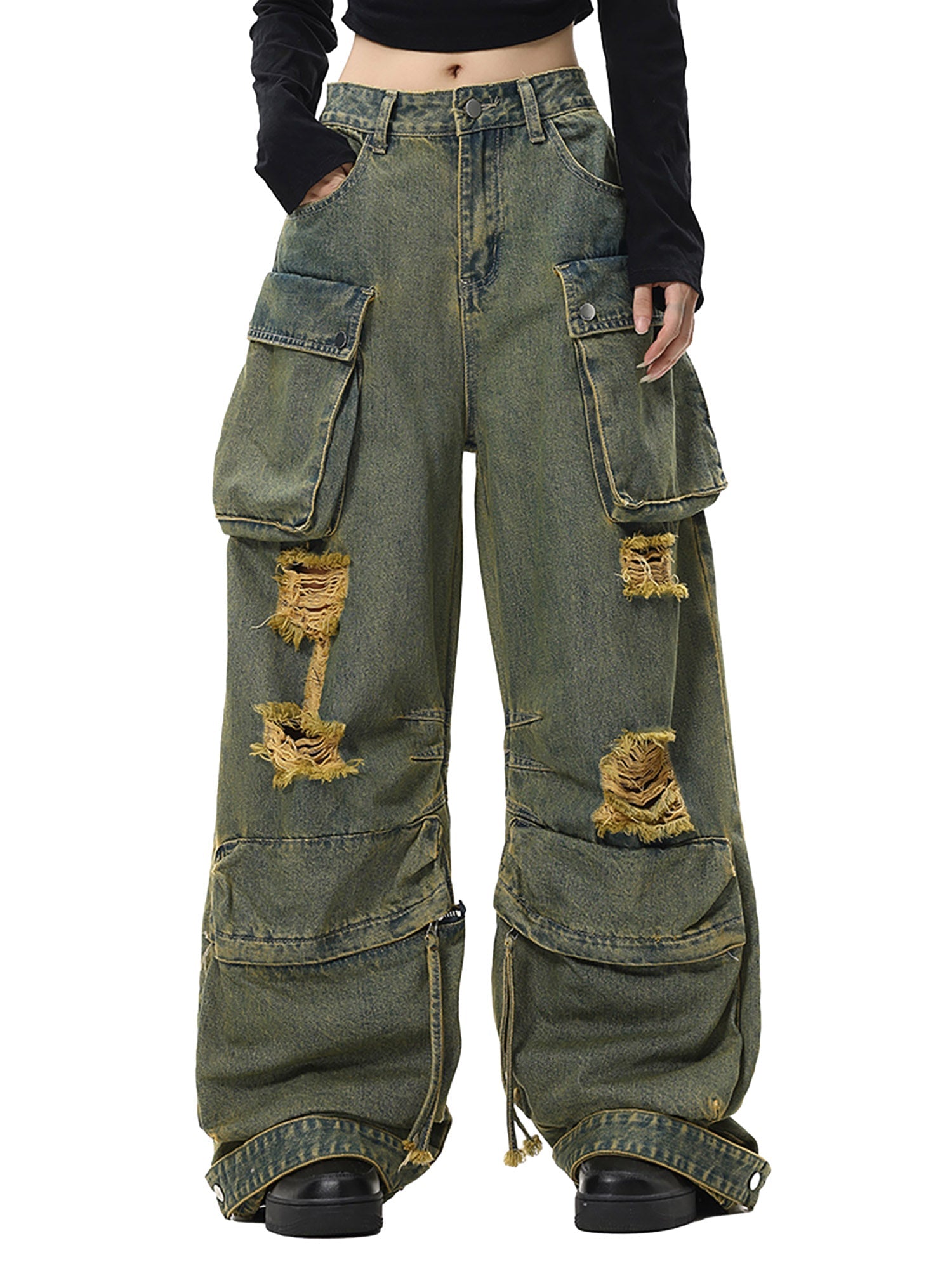 Sneakerhill Wasteland Style Washed Distressed Work Cargo Jeans - sneakerhillcom