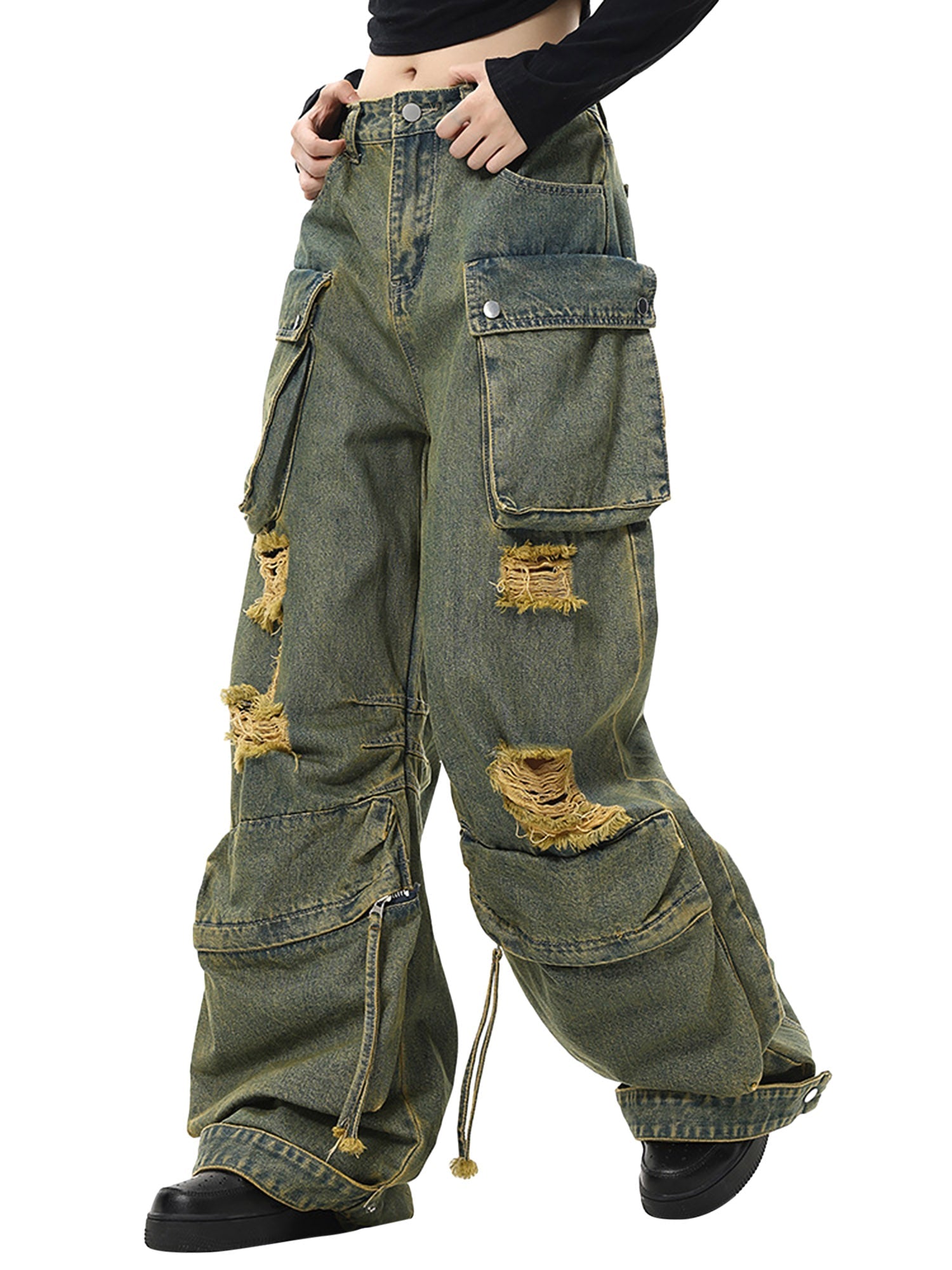 Sneakerhill Wasteland Style Washed Distressed Work Cargo Jeans - sneakerhillcom