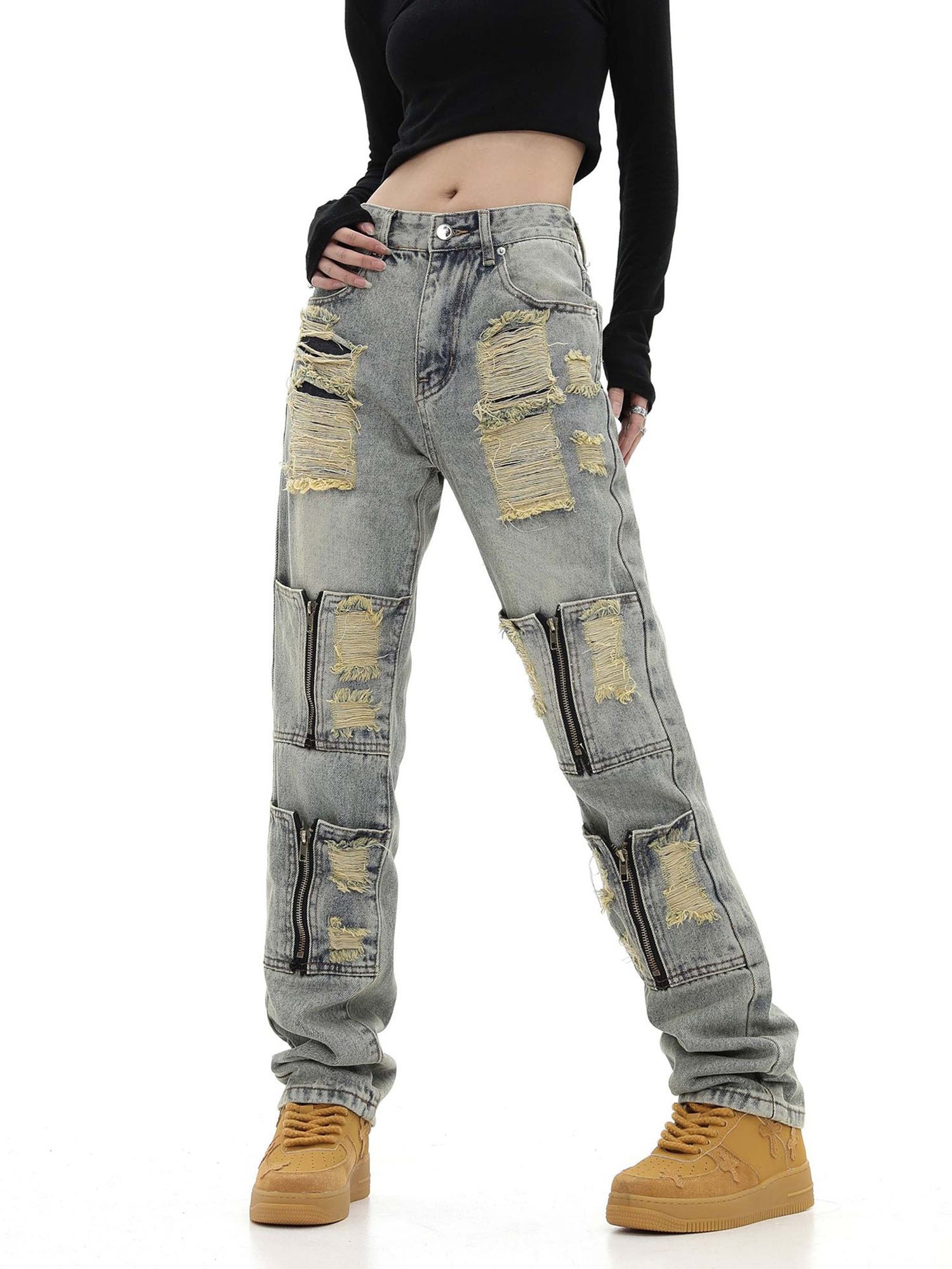 High Street Washed And Torn Work Pockets Denim Pants- 1646 SP230209O536