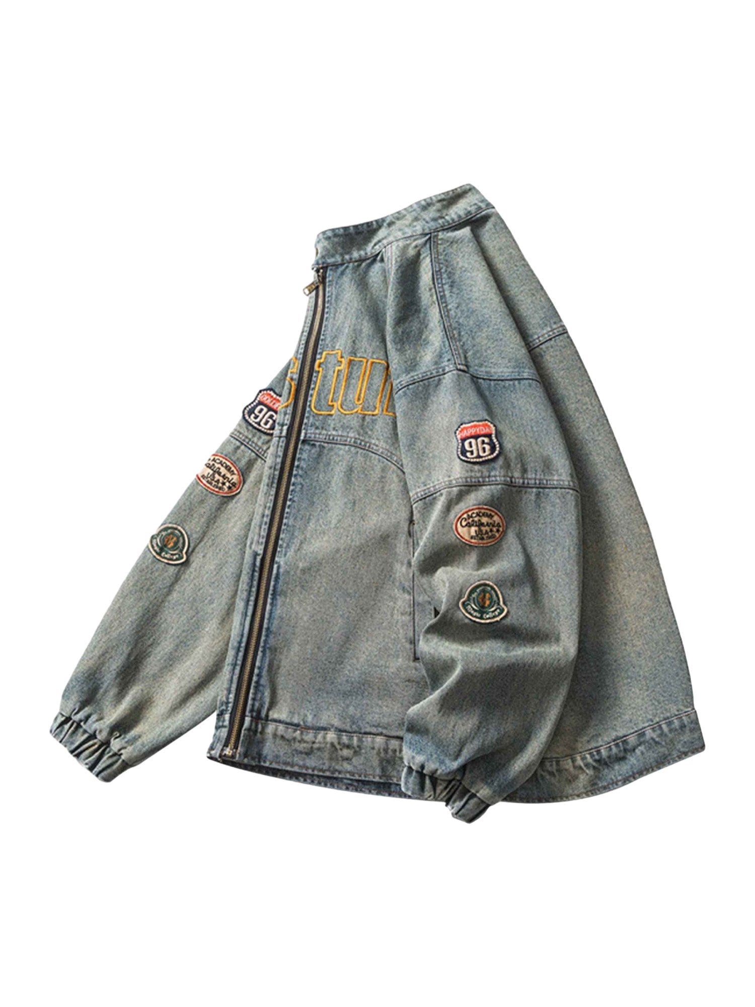 Sneakerhill Hip-hop Badge Embroidered Do-over Denim Jacket - 1911 SP230428YRLN