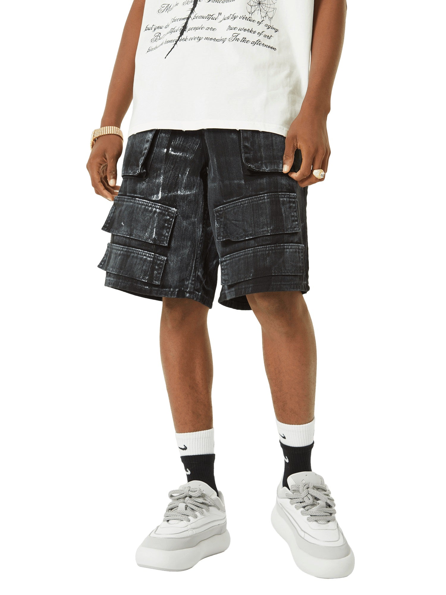 Sneakerhill White Brush Marks Denim Shorts SP240603SLAH