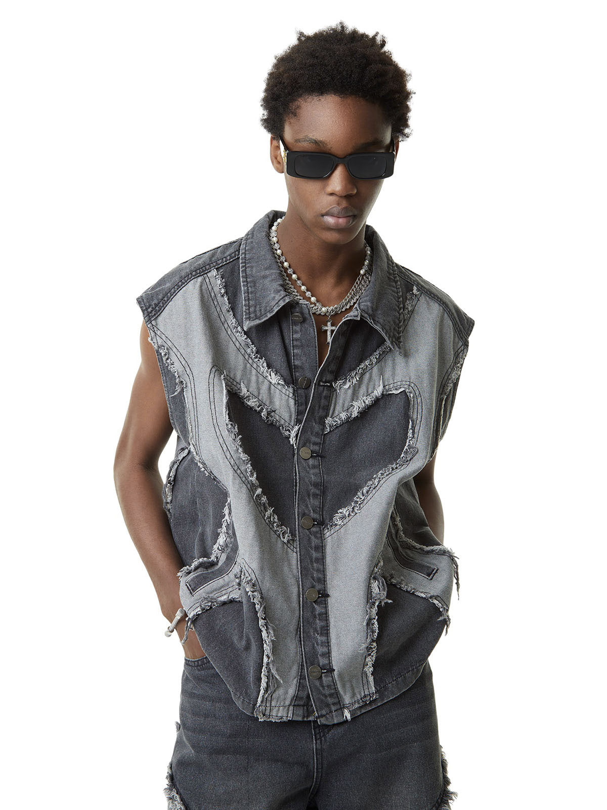 Sneakerhill Contrast Denim Heart Stitching Street Rap Vest - 2062 SP2406050Q73