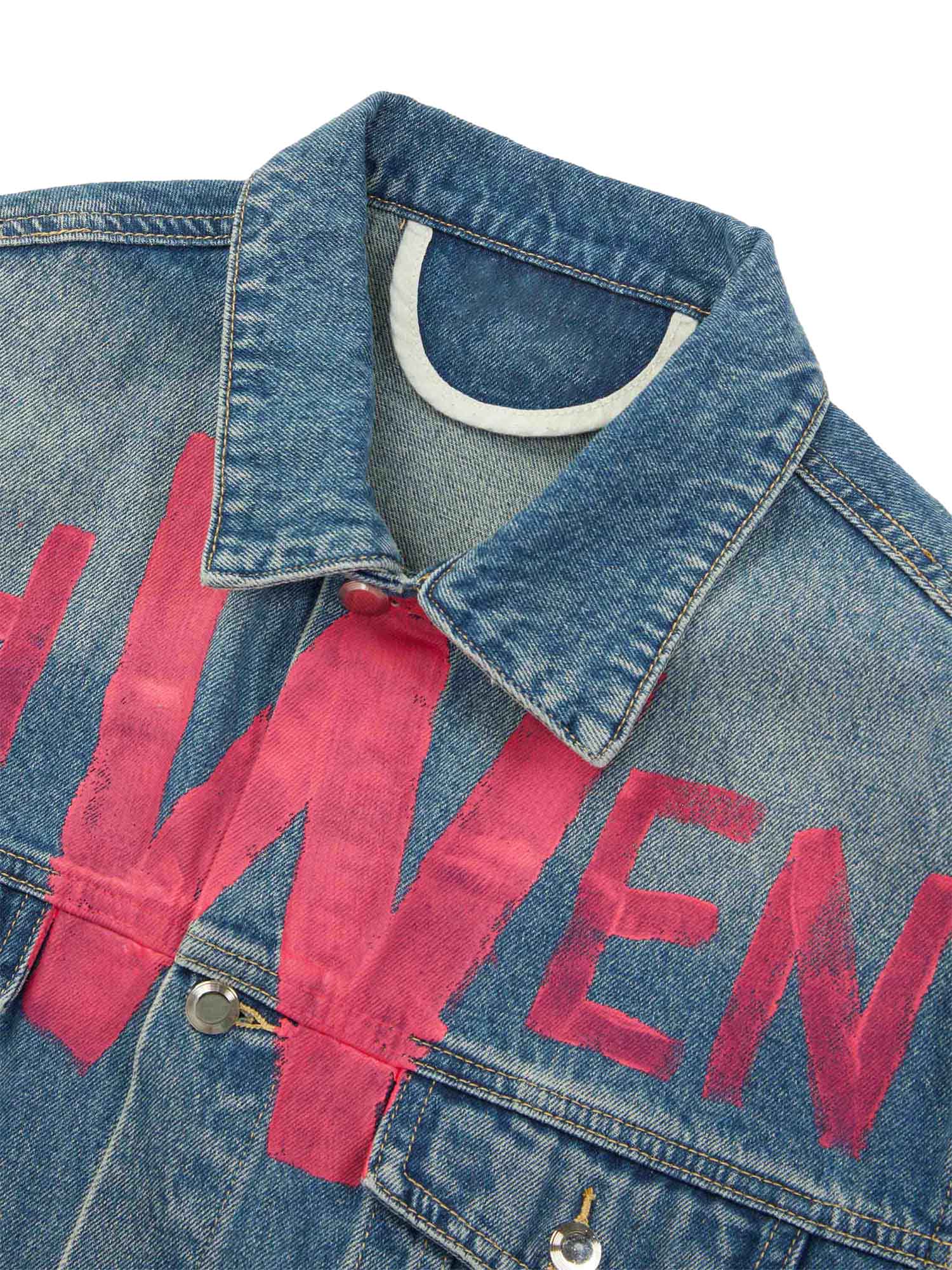 Sneakerhill High Street Graffiti Lettered Distressed Washed Denim Jacket - sneakerhillcom