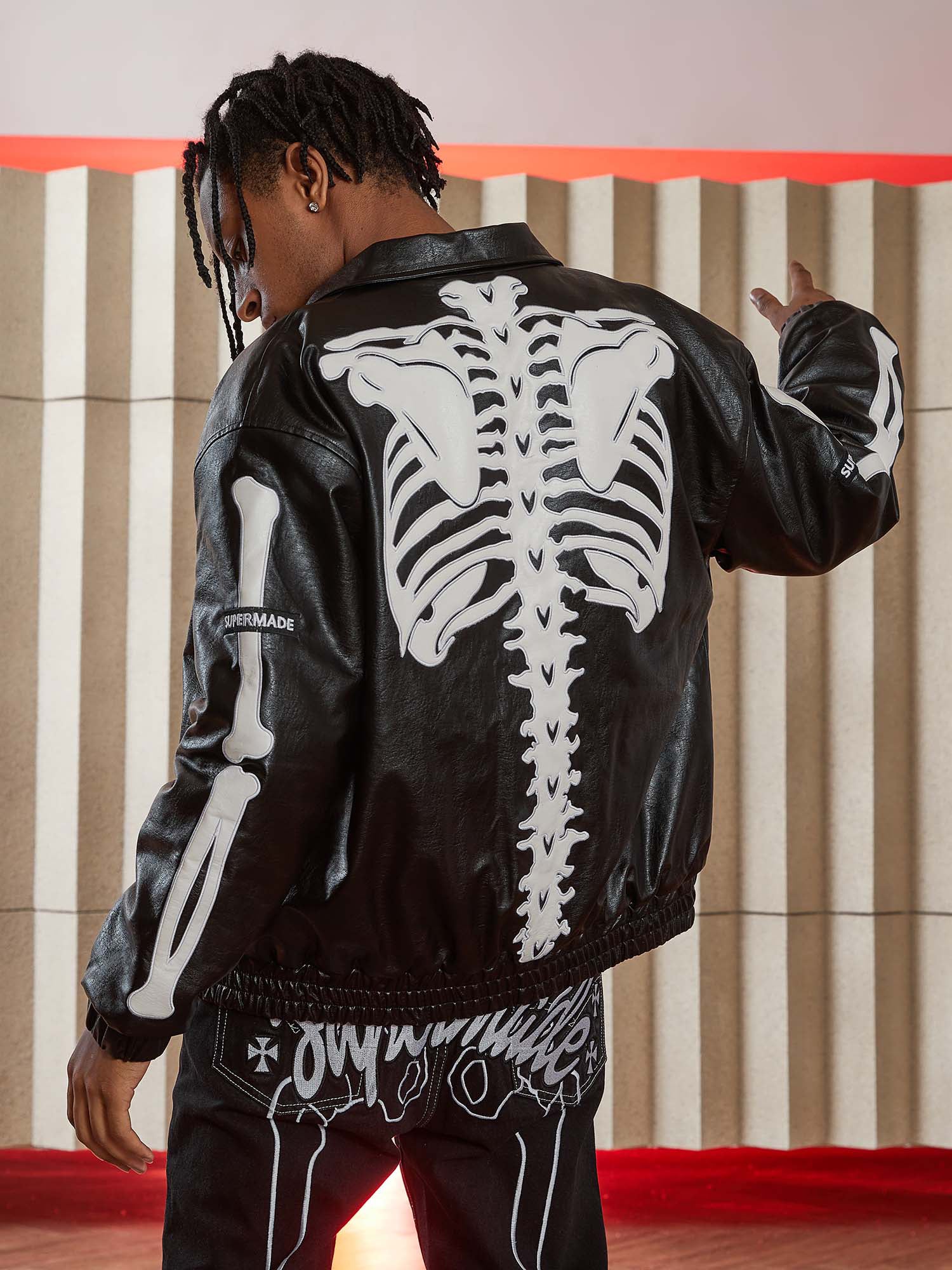 Sneakerhill Hip Hop Bones Embroidered Leather Jacket - 1833 SP231006ORFC