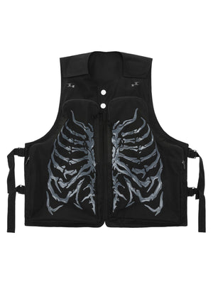 Sneakerhill Skeleton Print Padded Cargo Vest -1201