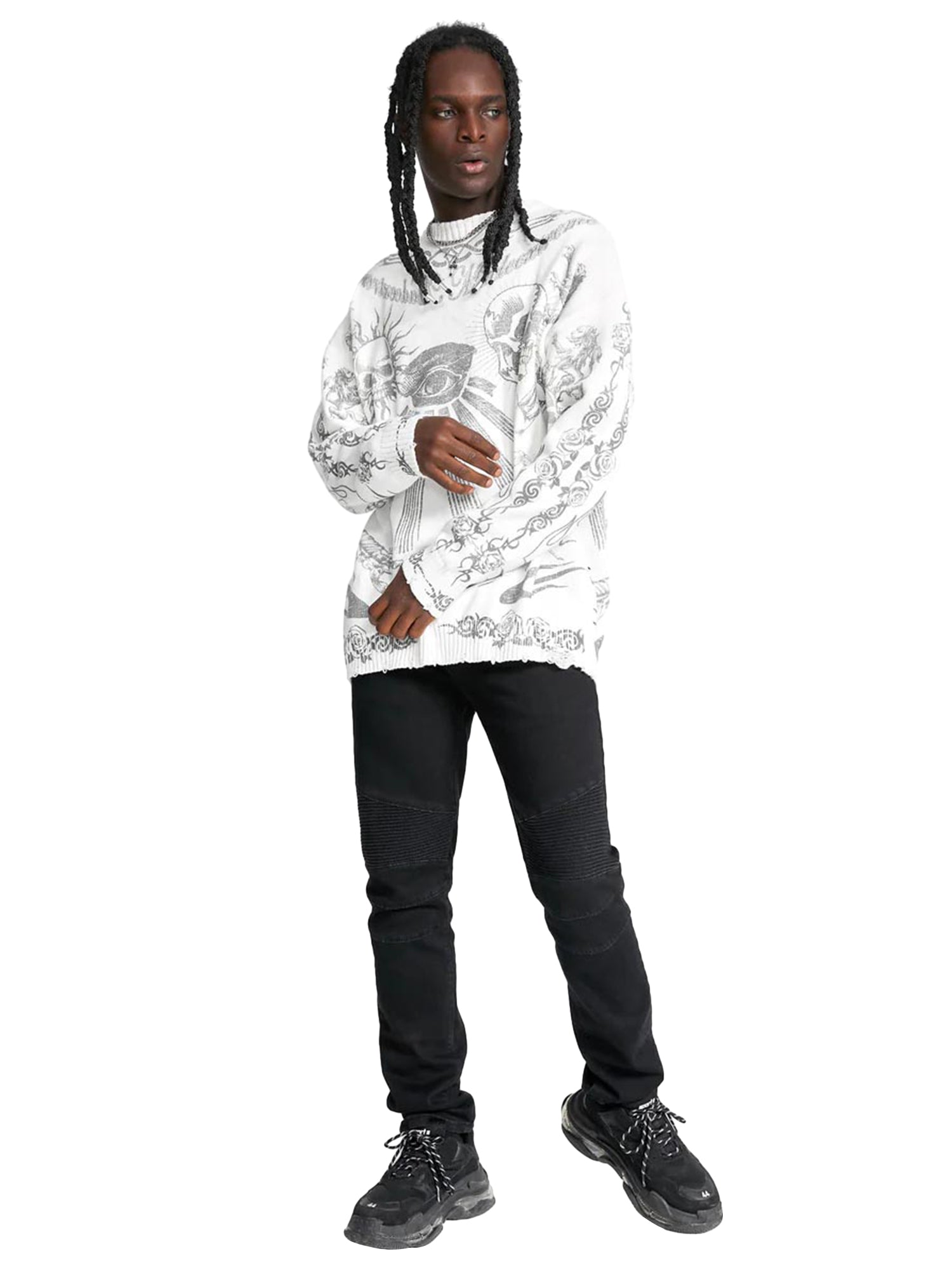 Sneakerhill Skull Print Distressed Sweater - 1002 - sneakerhillcom