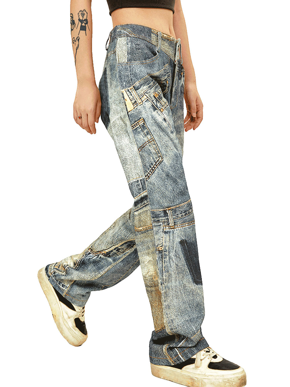 Sneakerhill Street Hip-Hop Deconstructed Print Jeans - sneakerhillcom