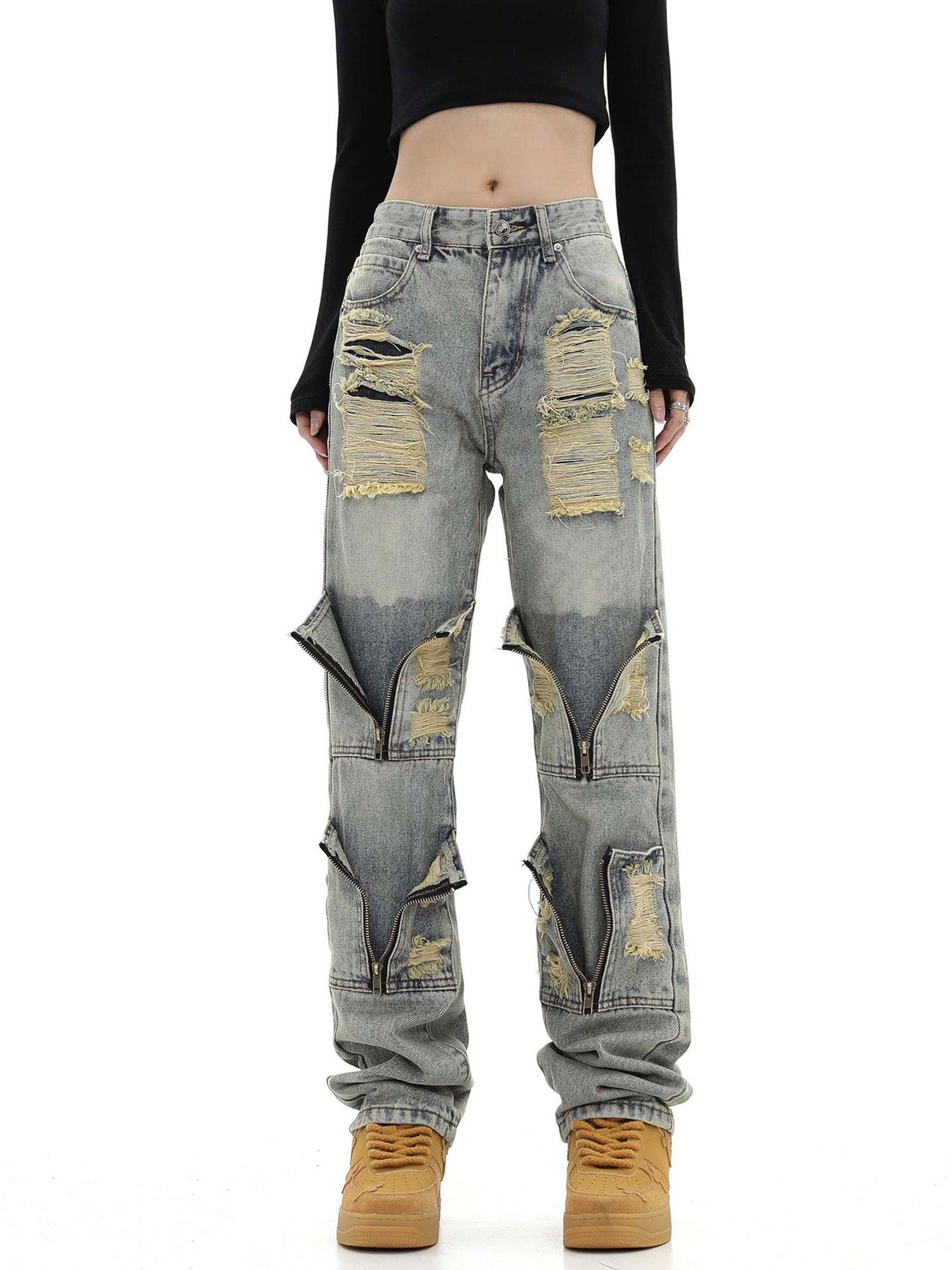 High Street Washed And Torn Work Pockets Denim Pants- 1646 SP230209O536