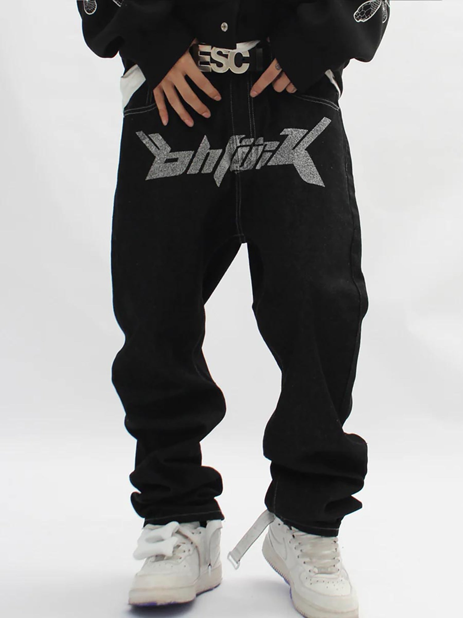 Sneakerhill Letter Print Dollar Black Baggy Jeans -1024 SP2201058Y8J