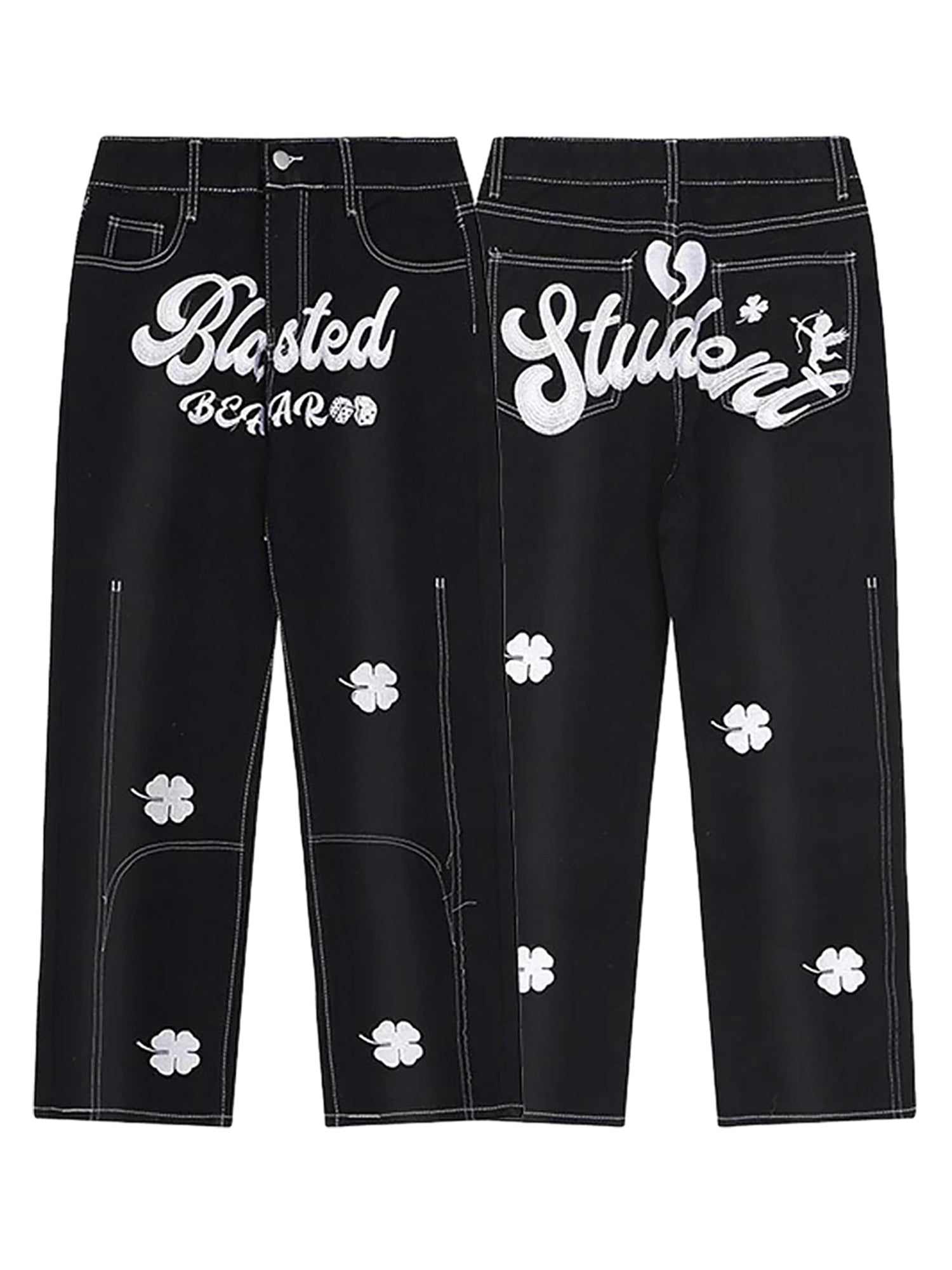 Sneakerhill Letter Lucky Clover Embroidered Baggy Jeans - 1162 SP2202090NOD