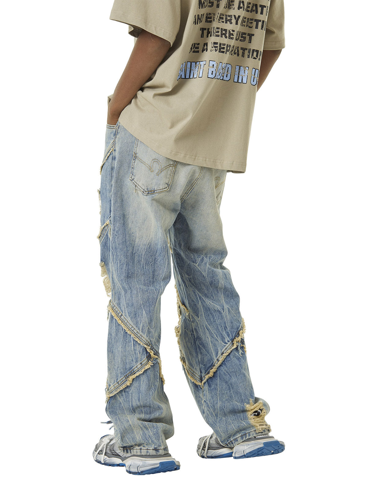 Sneakerhill Heavy Washed Ripped Plaid Stitching Hip-Hop Jeans - 2174 - sneakerhillcom