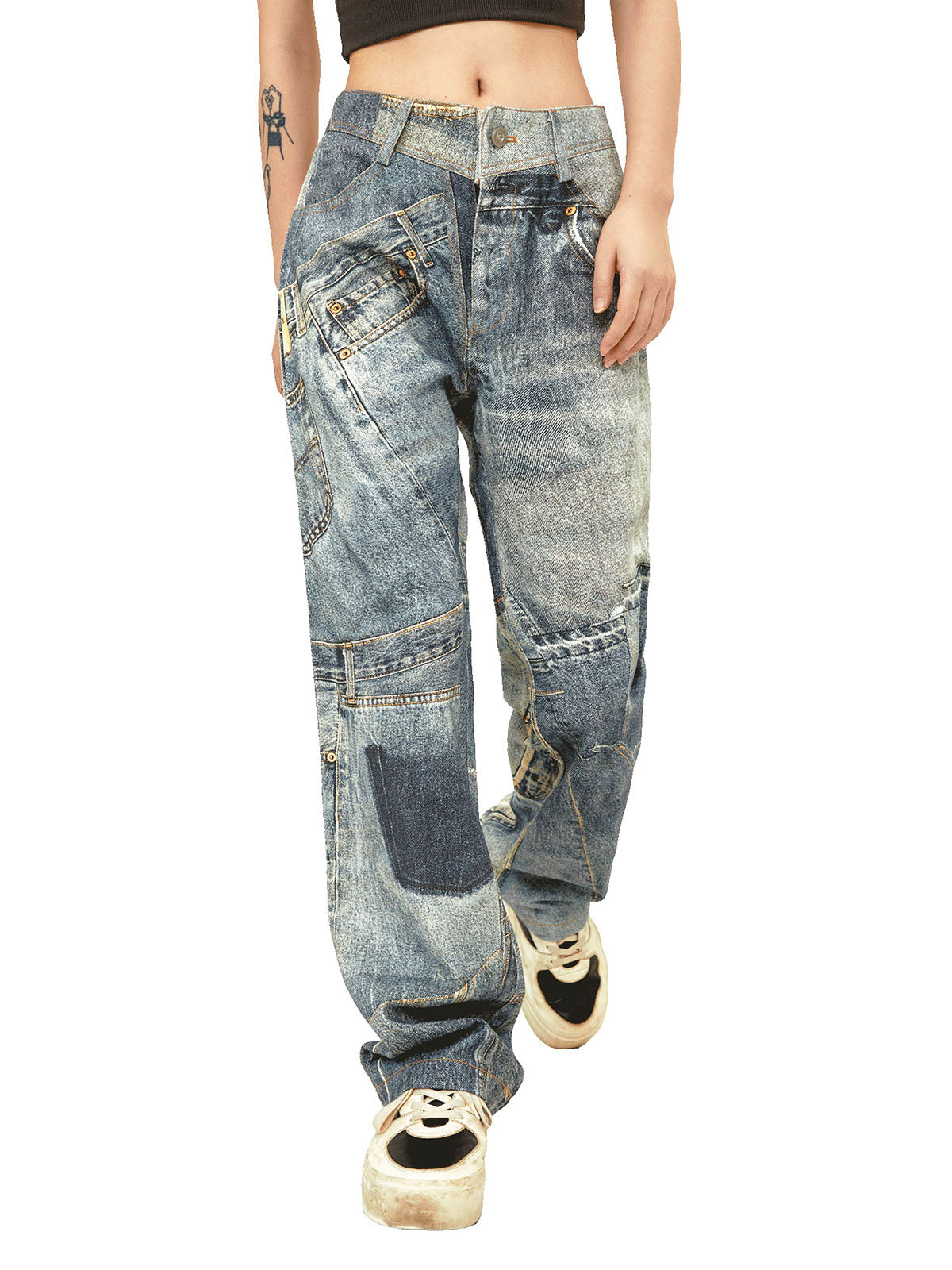 Sneakerhill Street Hip-Hop Deconstructed Print Jeans - sneakerhillcom