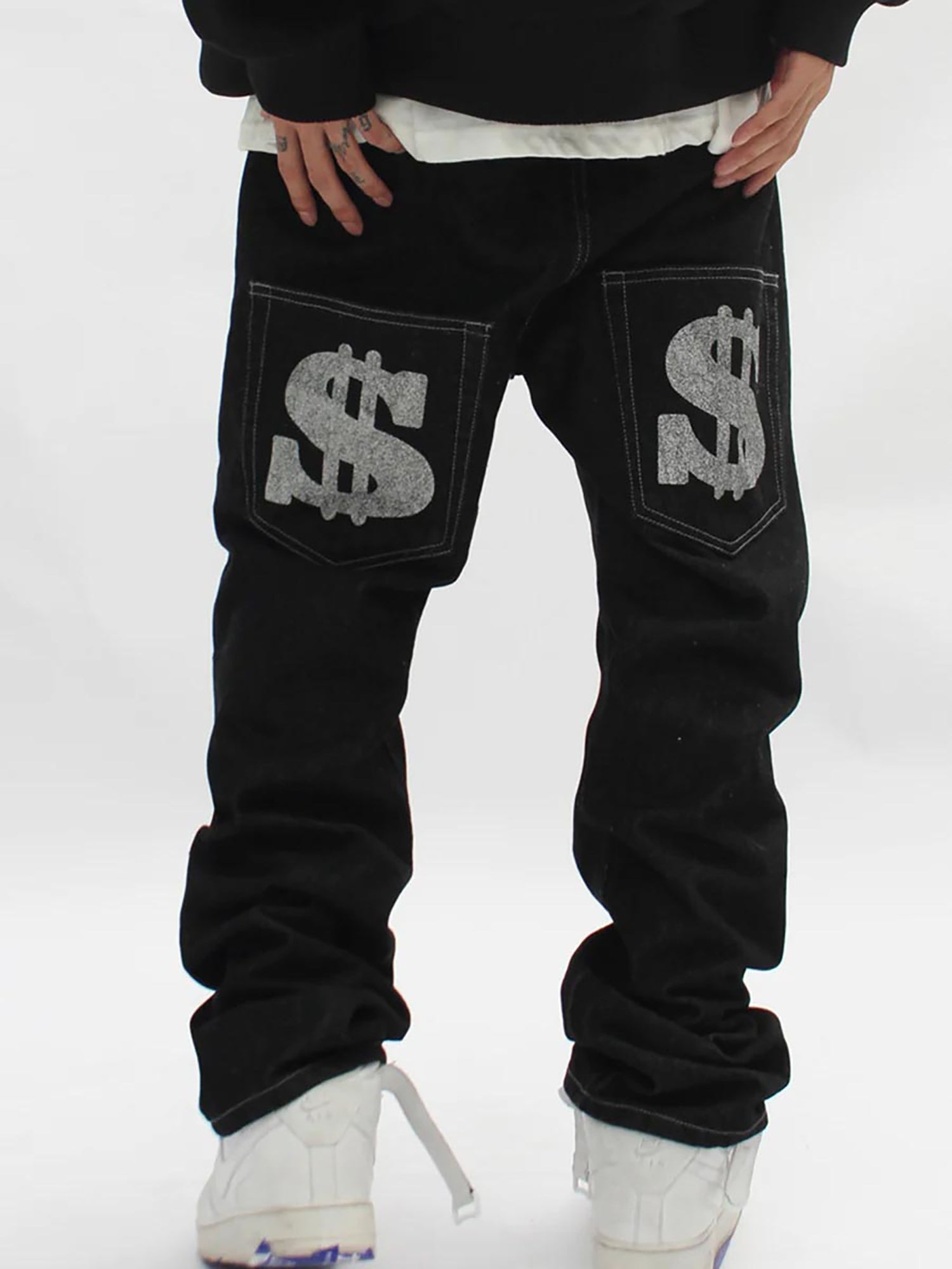 Sneakerhill Letter Print Dollar Black Baggy Jeans -1024 SP2201058Y8J