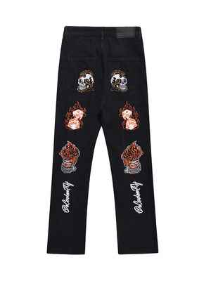 Sneakerhill Skull Flame Monogram Embroidered Slim Fit Jeans SP230811VGOP