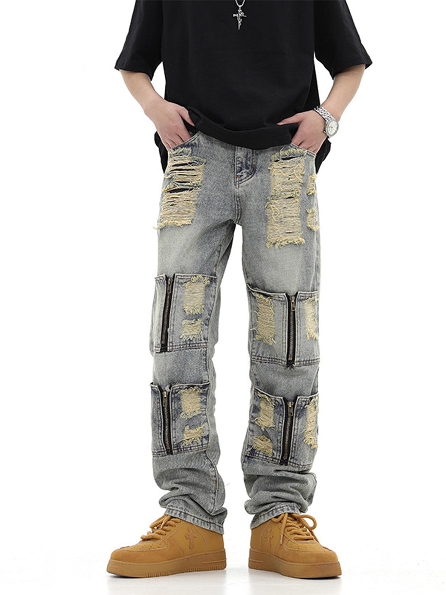 High Street Washed And Torn Work Pockets Denim Pants- 1646 SP230209O536