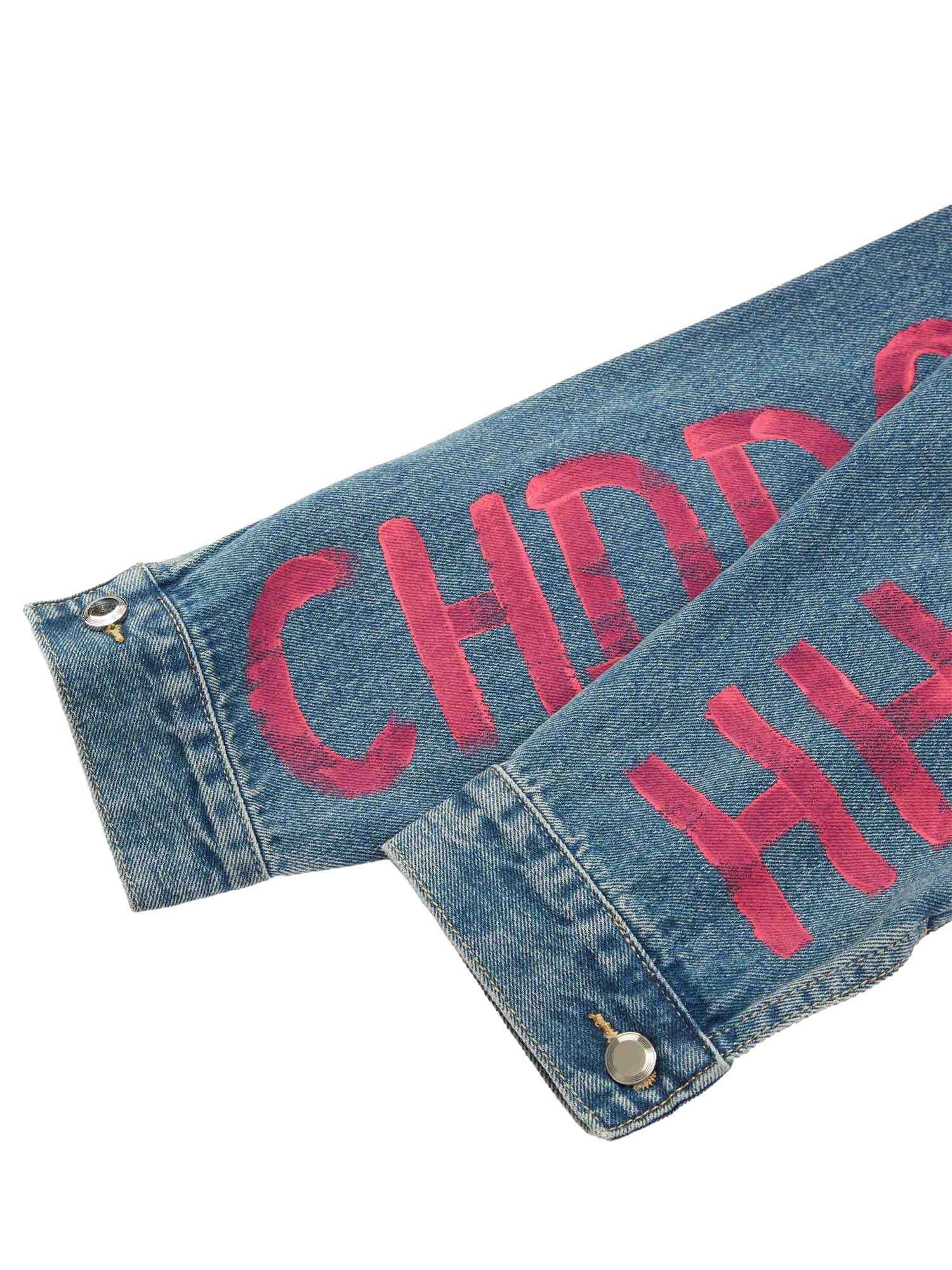 Sneakerhill High Street Graffiti Lettered Distressed Washed Denim Jacket - sneakerhillcom