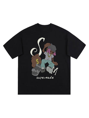 Sneakerhill Hip Hop Cartoon Character Print T-shirt