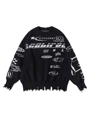 Sneakerhill Vintage Burlap Racing Suit Letter Jacquard Sweater