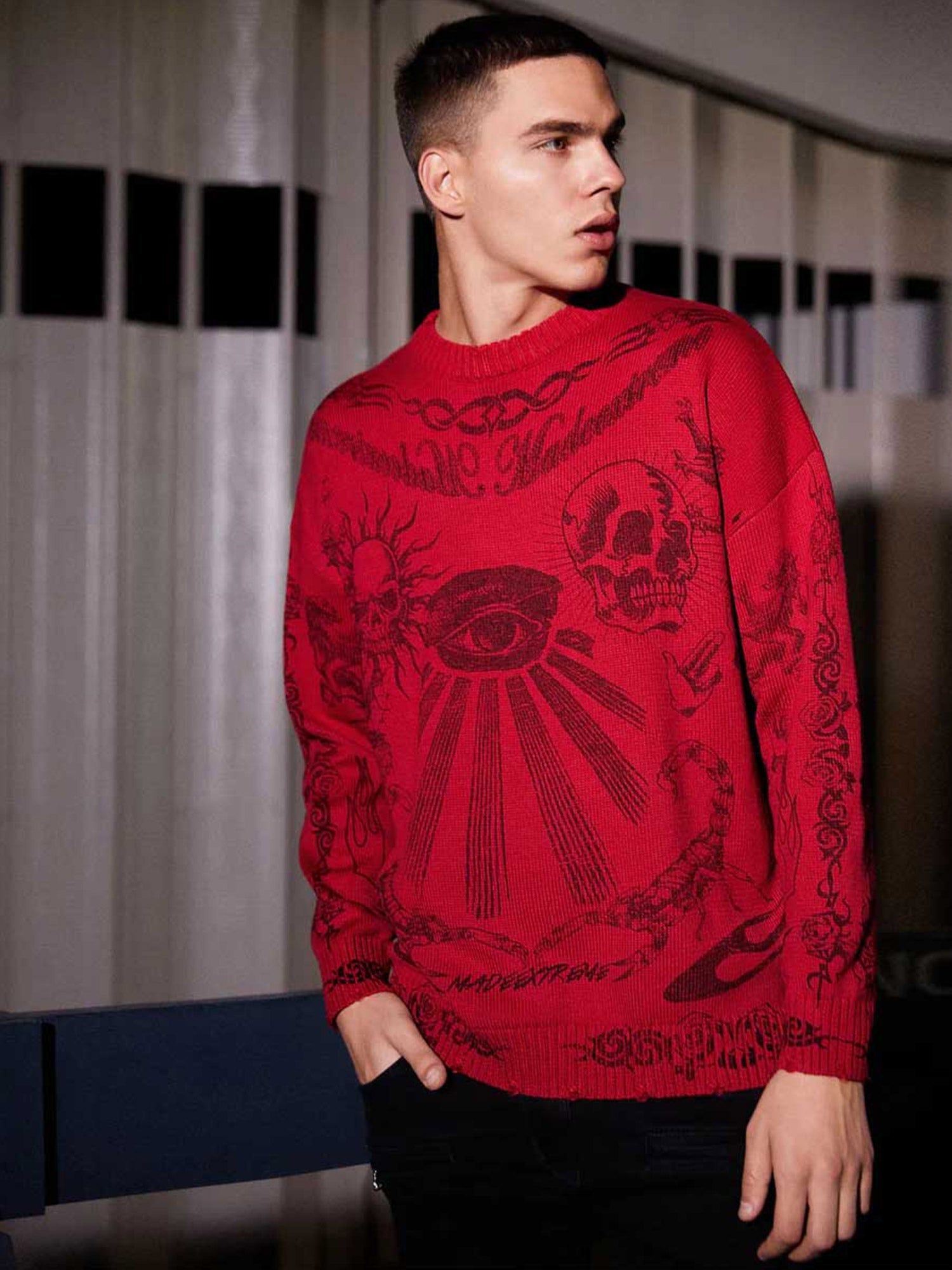 Sneakerhill Skull Print Distressed Sweater - 1002 - sneakerhillcom