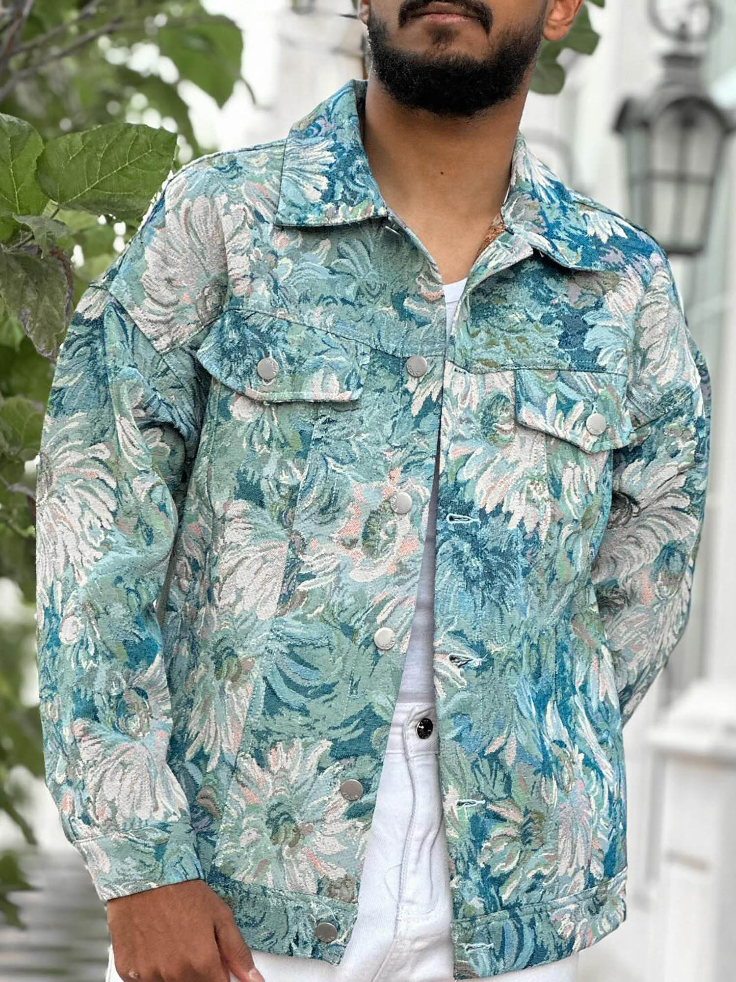 Sneakerhill Oil Painting Jacquard Flower Denim Jacket -1286 SP220406PLYT