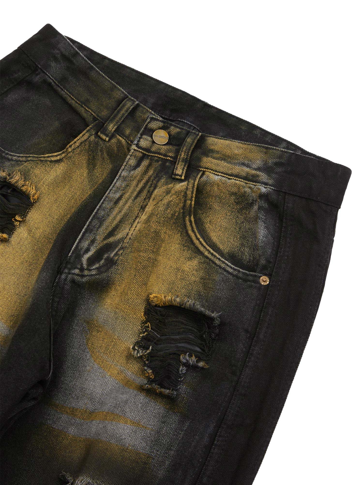 Sneakerhill Hip-hop Washed Distressed Loose Spray-dyed Jeans SP24030112FU