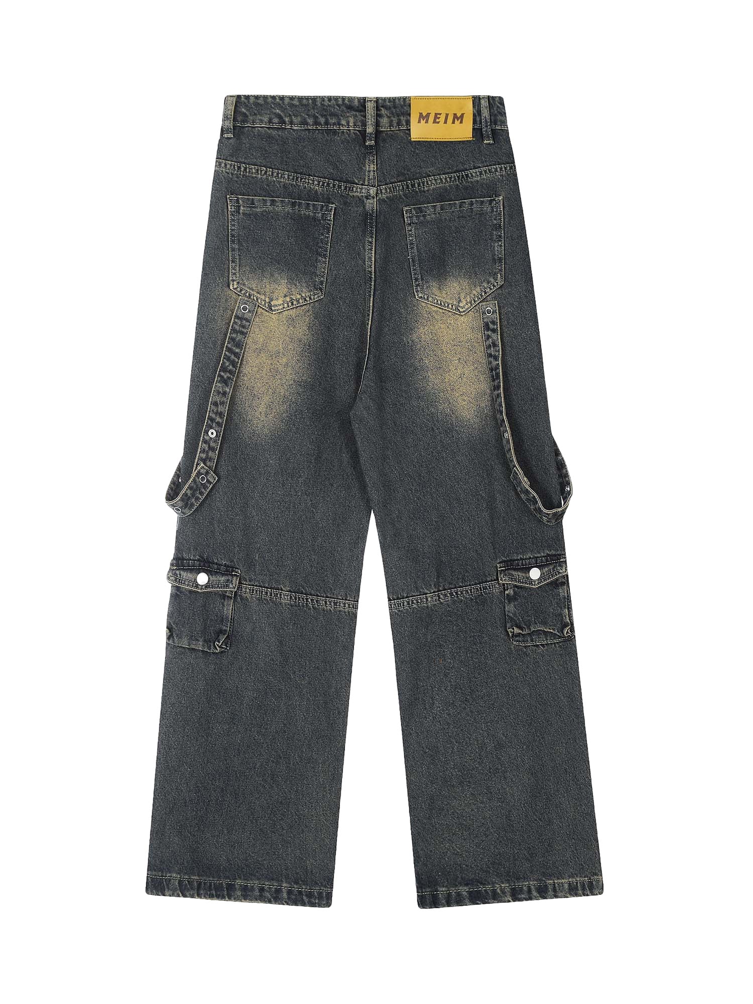 Sneakerhill Vintage Washed Web Rivets Hip-Hop Jeans - sneakerhillcom