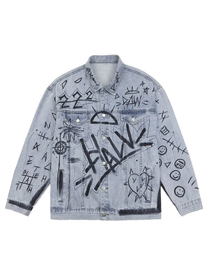 Retro Hand-painted Washed Graffiti Denim Jacket - sneakerhillcom