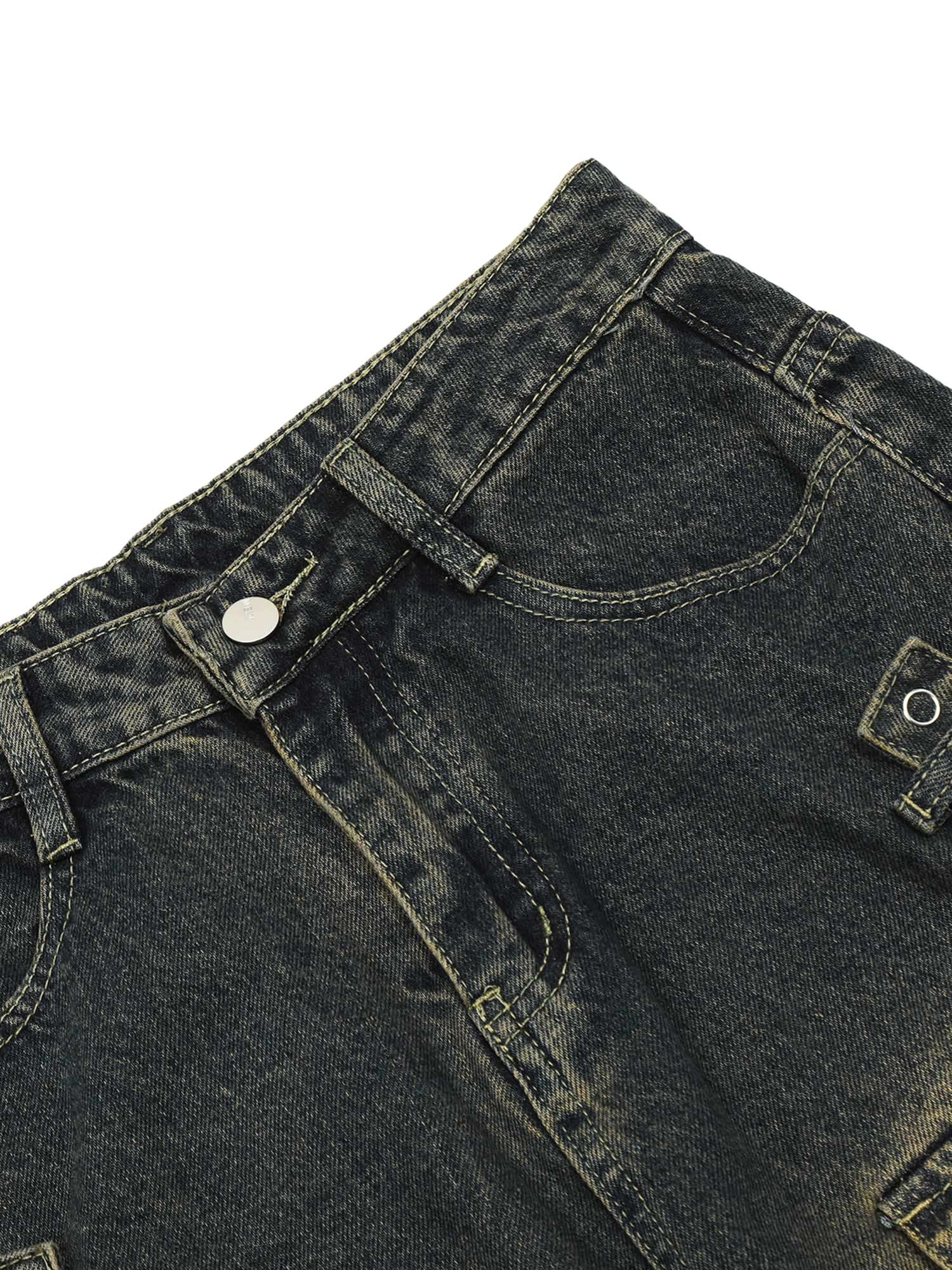 Sneakerhill Vintage Washed Web Rivets Hip-Hop Jeans - sneakerhillcom