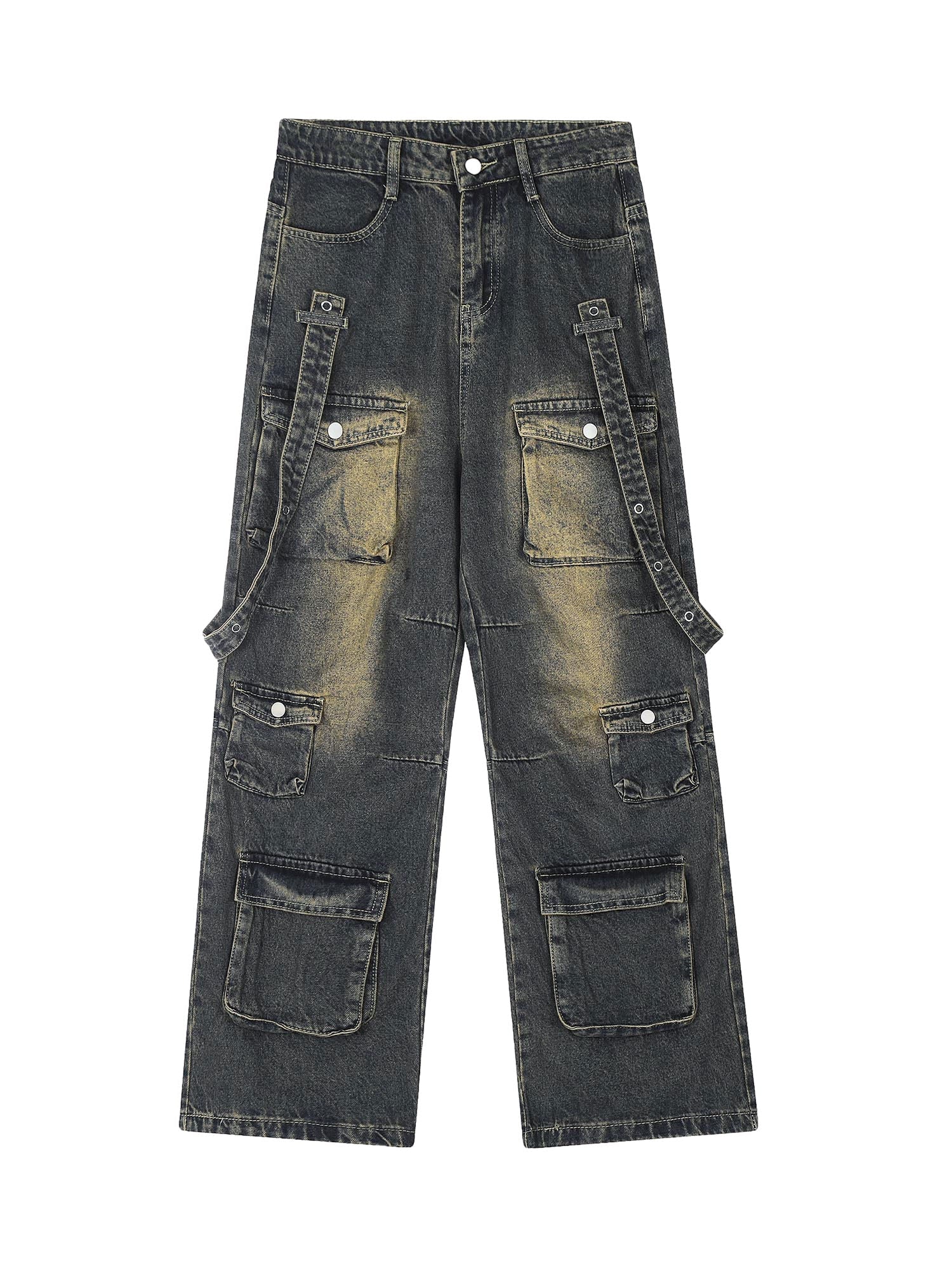 Sneakerhill Vintage Washed Web Rivets Hip-Hop Jeans - sneakerhillcom