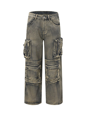 Wasteland Style Multi-pocket Washed Denim Jeans - sneakerhillcom