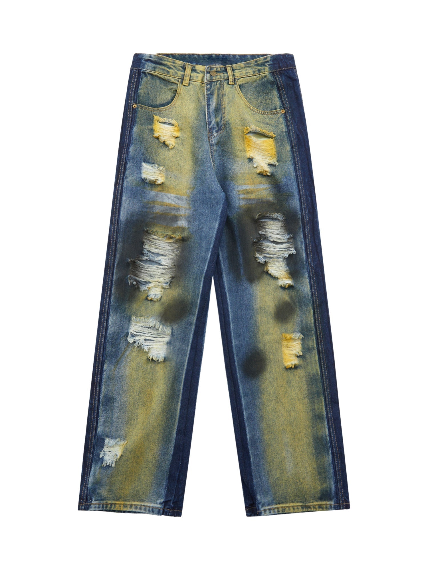 Sneakerhill Hip-hop Washed Distressed Loose Spray-dyed Jeans SP24030112FU