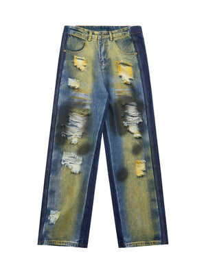 Sneakerhill Hip-hop Washed Distressed Loose Spray-dyed Jeans SP24030112FU