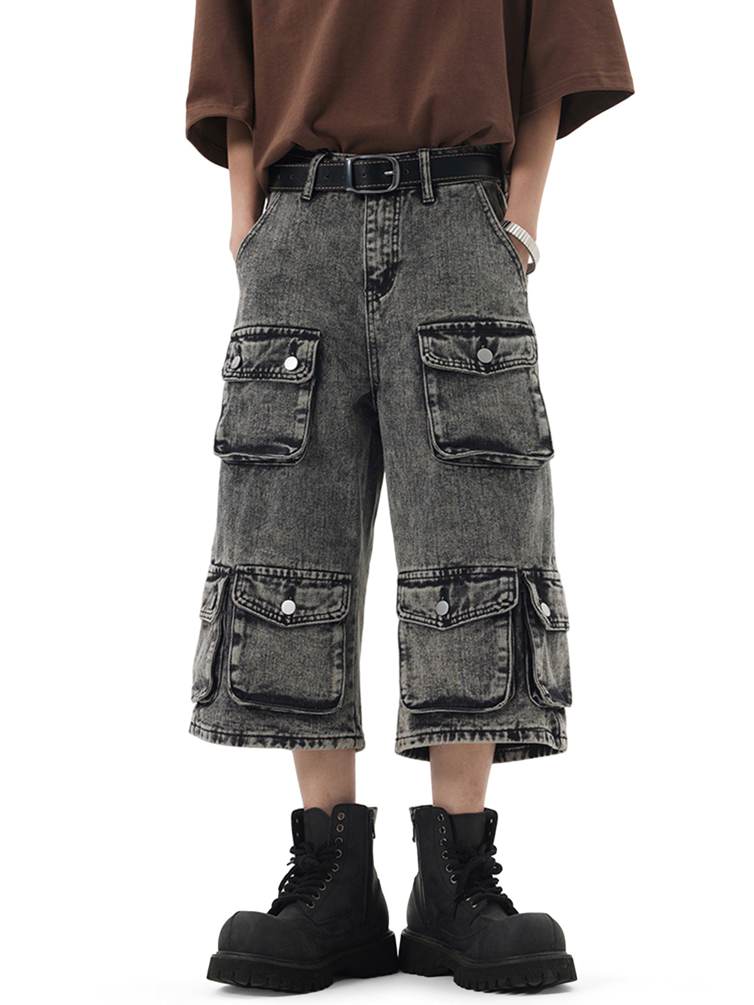 Sneakerhill Washed Distressed Multi-Pocket Workwear Hip Hop Jort