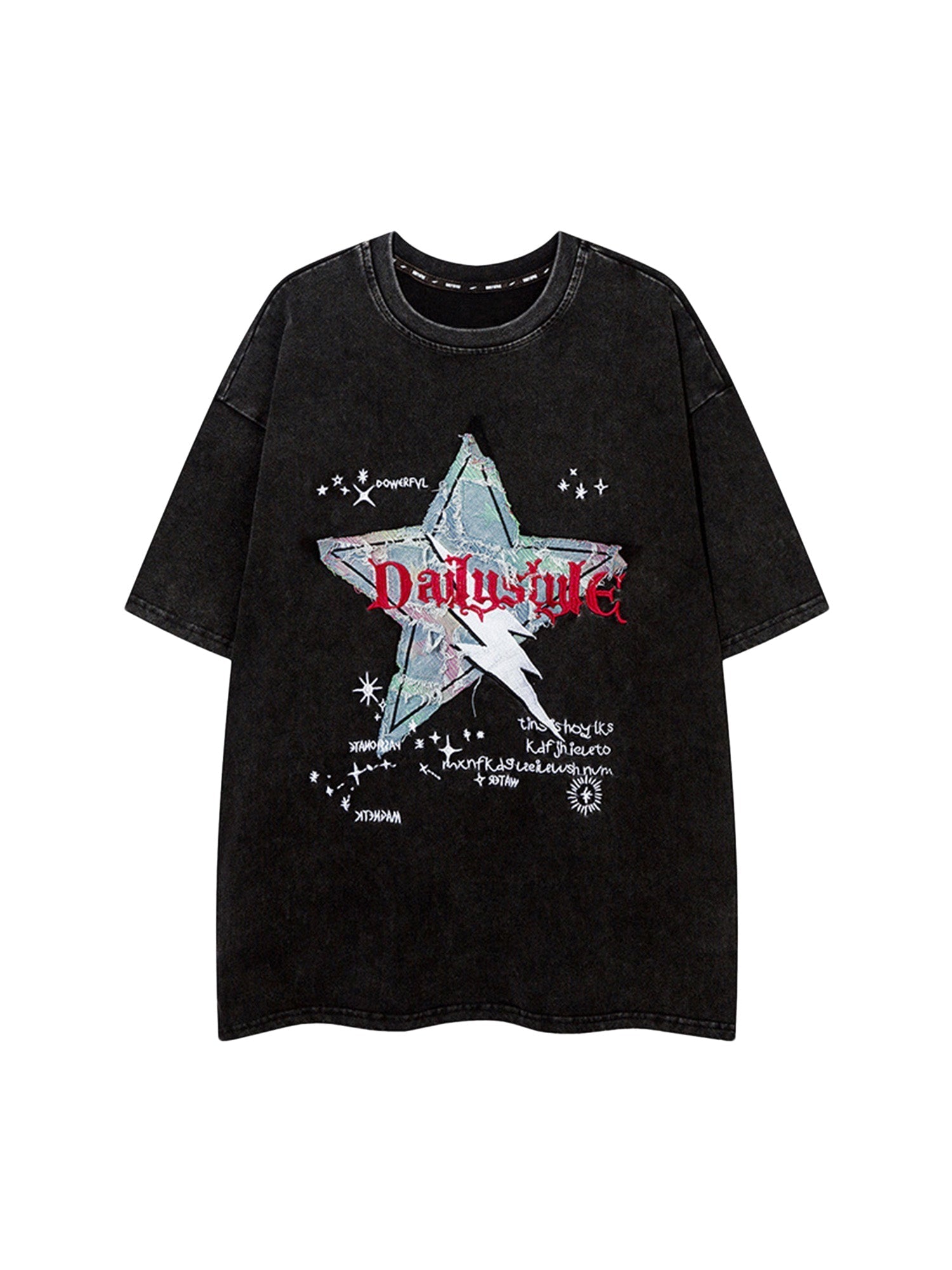 Retro Washed Denim Patch Embroidered Star T-shirt SP24032031GR