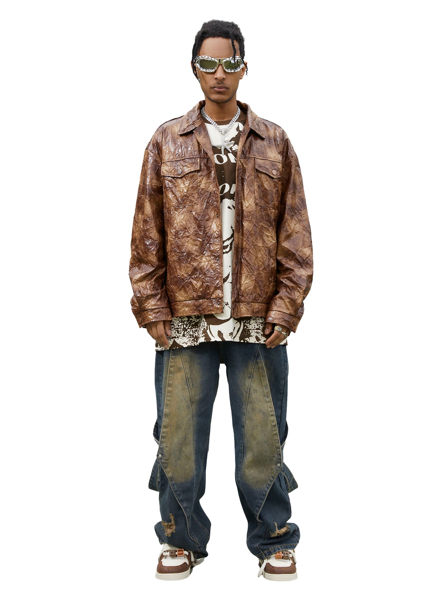 Sneakerhill Leather Pleated Slim Fit Brown Jacket - sneakerhillcom